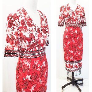 Maggy London Womens Red White Border Print Floral Short Sleeve Midi Dress NWT 2